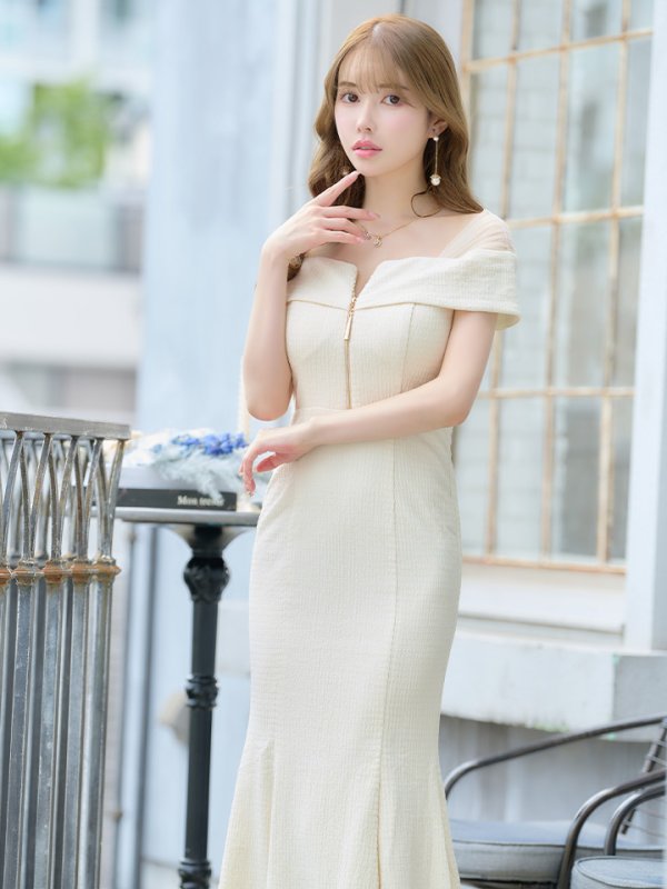 画像6: Lサイズあり【DEA./ディア】オフショルダー/ チュール/ フロントジップ/ マーメイド/ ミモレ丈/ マキシ丈/ ミディアムドレス/ キャバドレス【OF08】