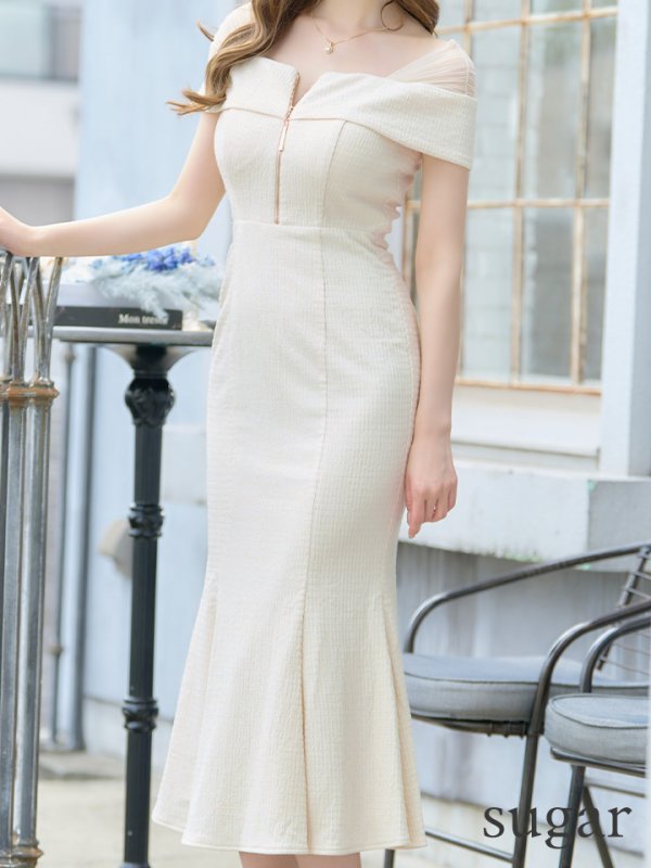 画像8: Lサイズあり【DEA./ディア】オフショルダー/ チュール/ フロントジップ/ マーメイド/ ミモレ丈/ マキシ丈/ ミディアムドレス/ キャバドレス【OF08】