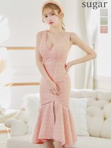 Lサイズあり【DEA. by ROBE de FLEURS/ディアバイローブドフルール】チェックレース/ マーメイド/ ノースリーブ/ Vネック/ スリット/ ミディアムドレス/ キャバドレス[OF2]