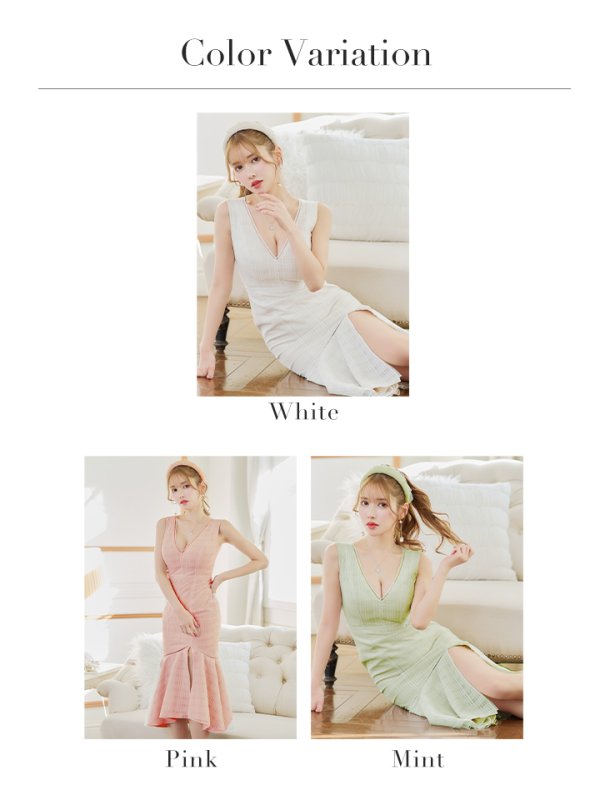 画像30: Lサイズあり【DEA./ディア】チェックレース/ マーメイド/ ノースリーブ/ Vネック/ スリット/ ミディアムドレス/ キャバドレス【OF08】