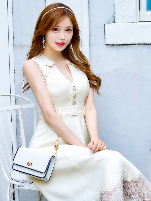 画像6: XS-Lサイズあり【DEA./ディア】裾レース/ ノースリーブ/ サマーツイード/ フレア/ ミディアムドレス/ キャバドレス【OF08】