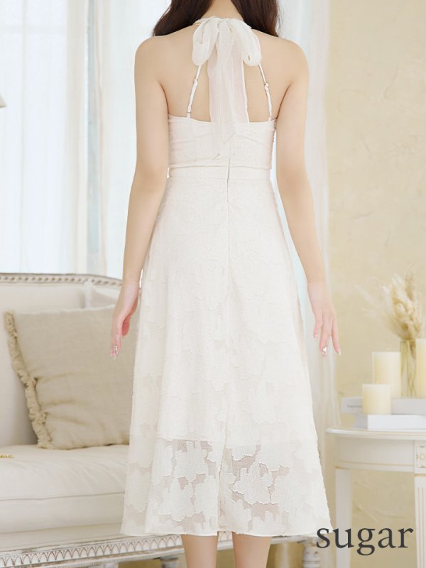 画像9: Lサイズあり【DEA./ディア】ホルターネック/ バックリボン/ レース/ フレア/ ワンピース/ ミモレ丈/ ミディアムドレス/ キャバドレス long【OF08】