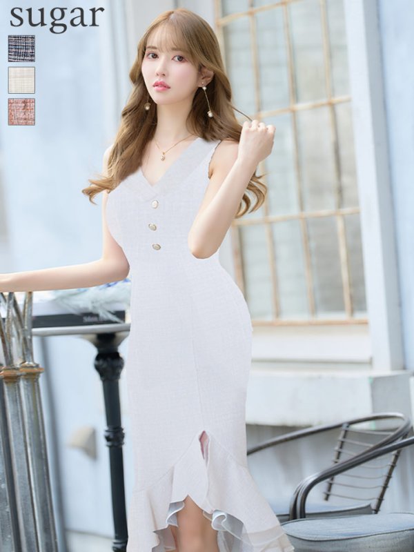 画像10: Lサイズあり【DEA./ディア】マーメイド/ ツイード/ ノースリーブ/ 膝丈/ 襟付き/ 裾フリル/ ワンピース/ ミディアムドレス/ キャバドレス【OF08】