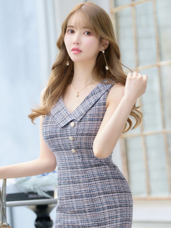 画像6: Lサイズあり【DEA./ディア】マーメイド/ ツイード/ ノースリーブ/ 膝丈/ 襟付き/ 裾フリル/ ワンピース/ ミディアムドレス/ キャバドレス【OF08】