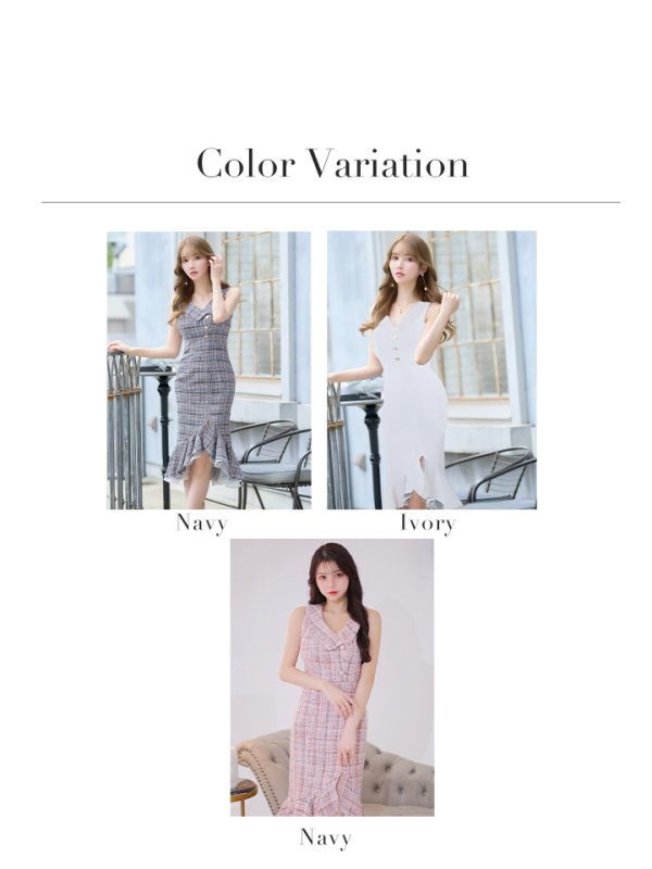 画像25: Lサイズあり【DEA./ディア】マーメイド/ ツイード/ ノースリーブ/ 膝丈/ 襟付き/ 裾フリル/ ワンピース/ ミディアムドレス/ キャバドレス【OF08】