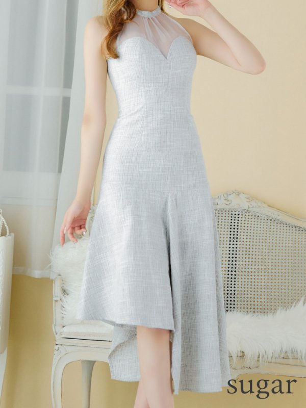 画像8: Lサイズあり【DEA./ディア】ラメツイード/ オーガンジー/ ハイネック/ ノースリーブ/ 膝丈/ アシンメトリー/ ワンピース/ ミディアムドレス/ キャバドレス【OF08】