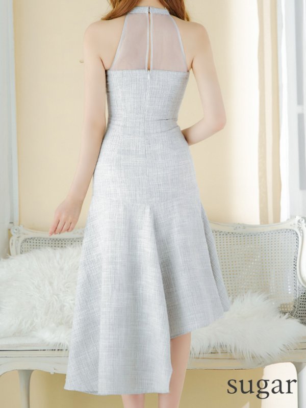 画像9: Lサイズあり【DEA./ディア】ラメツイード/ オーガンジー/ ハイネック/ ノースリーブ/ 膝丈/ アシンメトリー/ ワンピース/ ミディアムドレス/ キャバドレス【OF08】