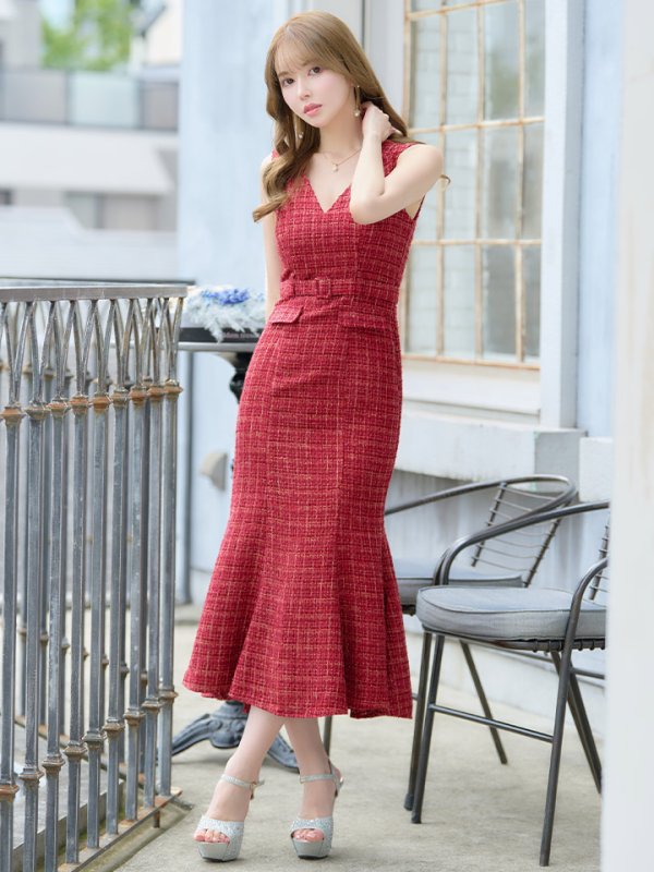 画像3: Lサイズあり【DEA./ディア】マーメイド/ ラメツイード/ ワンカラー/ ウエストベルト/ ワンピース/ ロングドレス/ キャバドレス long[OF08]