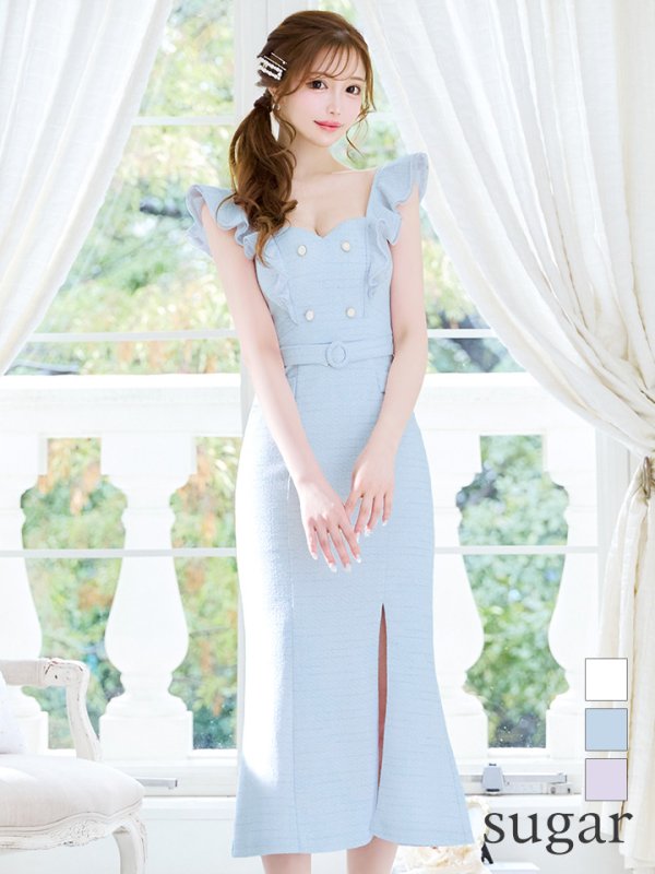 画像1: Lサイズあり【DEA. by ROBE de FLEURS/ディアバイローブドフルール】肩フリル/ ダブルボタン/ スリット/ ミモレ丈/ ミディアムドレス/ キャバドレス[OF2]