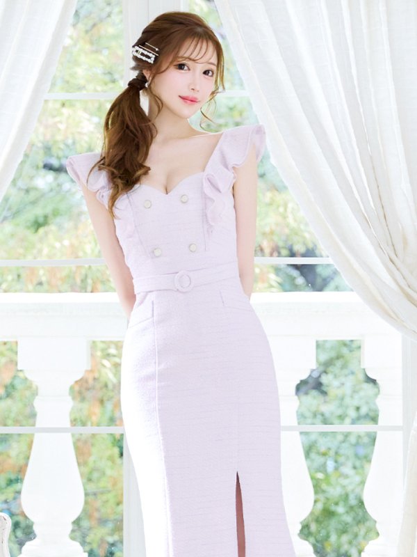 画像16: Lサイズあり【DEA./ディア】肩フリル/ ダブルボタン/ スリット/ ミモレ丈/ ミディアムドレス/ キャバドレス【OF08】