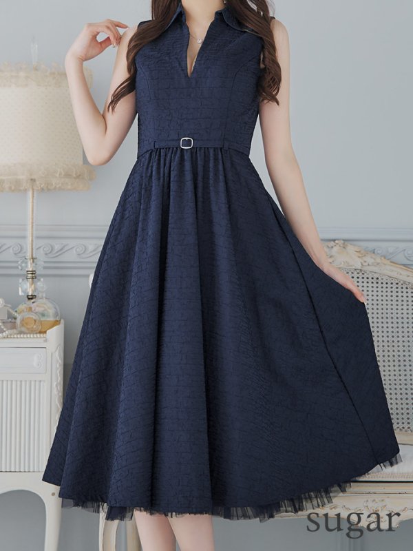 画像40: Lサイズあり【DEA./ディア】襟付き/ ノースリーブ/ ボリュームフレア/ ミディアムドレス/ キャバドレス【OF08】