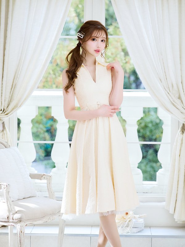 画像4: Lサイズあり【DEA./ディア】襟付き/ ノースリーブ/ ボリュームフレア/ ミディアムドレス/ キャバドレス【OF08】