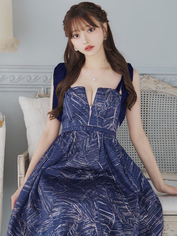 画像18: Lサイズあり【DEA./ディア】ジャガード/ フレア/ サテンリボン/ ミモレ丈/ ミディアムドレス/ キャバドレス【OF08】