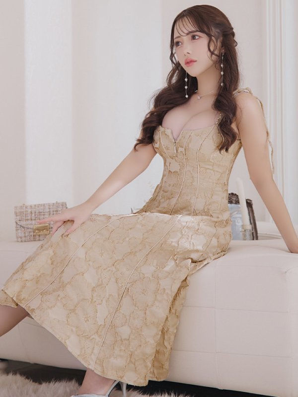 画像9: Lサイズあり【DEA./ディア】花柄ジャガード/ パイピング/ フレア/ ミモレ丈/ ミディアムドレス/ キャバドレス【OF08】