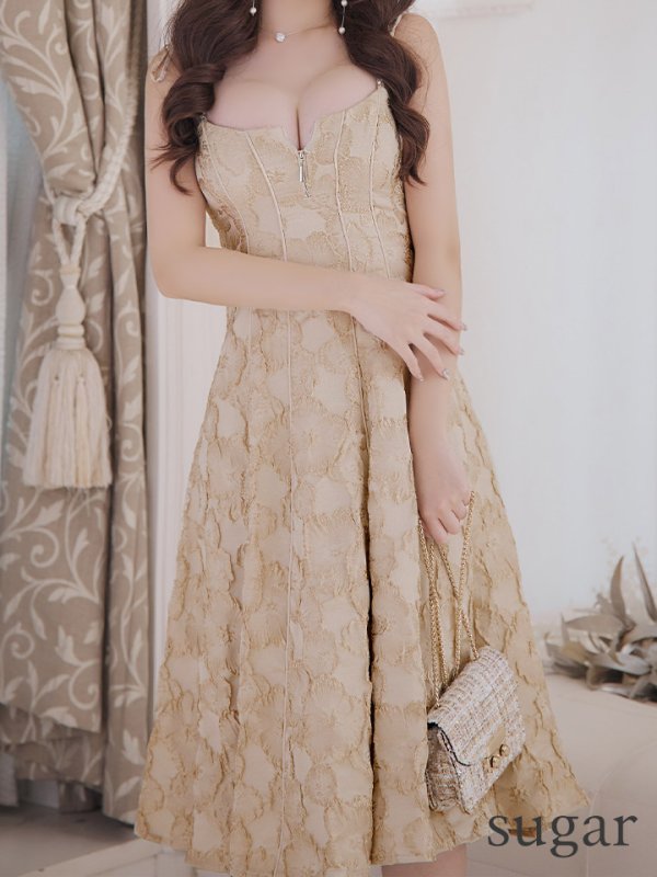 画像12: Lサイズあり【DEA./ディア】花柄ジャガード/ パイピング/ フレア/ ミモレ丈/ ミディアムドレス/ キャバドレス【OF08】