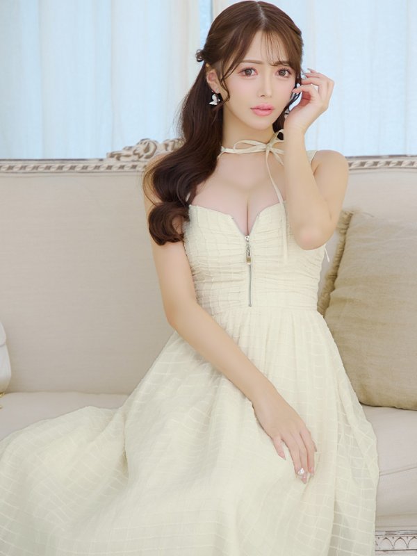 画像6: Lサイズあり【DEA./ディア】ホルターリボン取り外し可能/ バストジップ/ 刺繍レース/ フレア/ ワンピース/ ミモレ丈/ ミディアムドレス/ キャバドレス long【OF08】