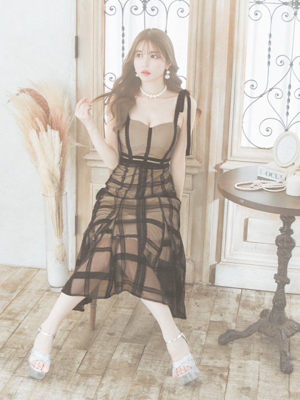 画像7: Lサイズあり【DEA./ディア】チュールチェック/ リボンショルダー/ ノースリーブ/ Aライン/ フレア/ ミモレ丈/ ワンピース/ ミディアムドレス/ キャバドレス【OF08】