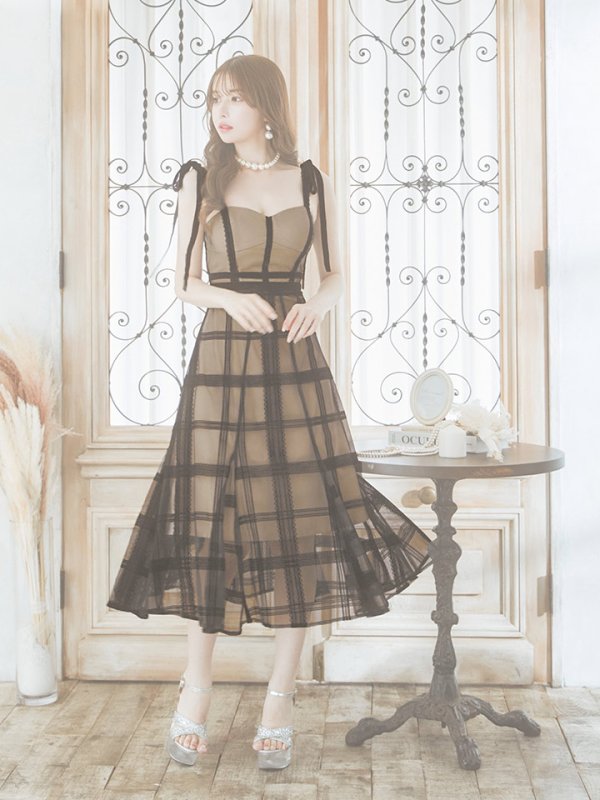画像8: Lサイズあり【DEA./ディア】チュールチェック/ リボンショルダー/ ノースリーブ/ Aライン/ フレア/ ミモレ丈/ ワンピース/ ミディアムドレス/ キャバドレス【OF08】