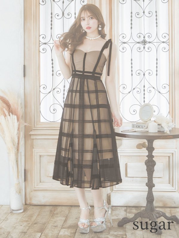 画像10: Lサイズあり【DEA./ディア】チュールチェック/ リボンショルダー/ ノースリーブ/ Aライン/ フレア/ ミモレ丈/ ワンピース/ ミディアムドレス/ キャバドレス【OF08】