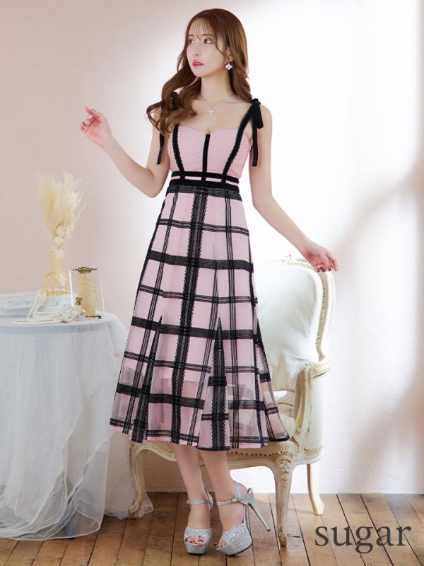 画像22: Lサイズあり【DEA./ディア】チュールチェック/ リボンショルダー/ ノースリーブ/ Aライン/ フレア/ ミモレ丈/ ワンピース/ ミディアムドレス/ キャバドレス【OF08】