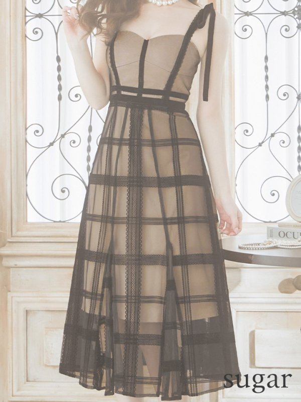 画像11: Lサイズあり【DEA./ディア】チュールチェック/ リボンショルダー/ ノースリーブ/ Aライン/ フレア/ ミモレ丈/ ワンピース/ ミディアムドレス/ キャバドレス【OF08】