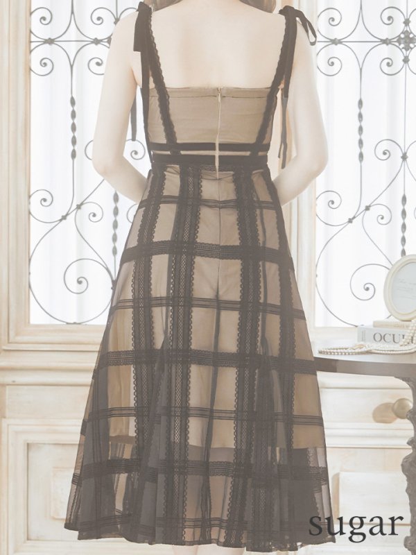 画像12: Lサイズあり【DEA./ディア】チュールチェック/ リボンショルダー/ ノースリーブ/ Aライン/ フレア/ ミモレ丈/ ワンピース/ ミディアムドレス/ キャバドレス【OF08】