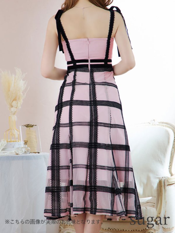 画像24: Lサイズあり【DEA./ディア】チュールチェック/ リボンショルダー/ ノースリーブ/ Aライン/ フレア/ ミモレ丈/ ワンピース/ ミディアムドレス/ キャバドレス【OF08】