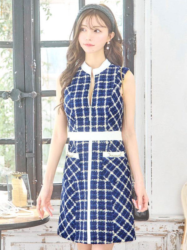 画像6: Lサイズあり【DEA./ディア】ツイード/ チェック/ ジップ/ 谷間魅せ/ Aライン/ ワンピース/ ミニドレス/ フレア/ キャバドレス【OF08】