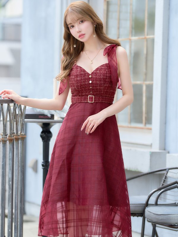 画像17: Lサイズあり【DEA./ディア】ラメツイード/ チェックオーガンジー/ キャミソール/ Aライン/ フレア/ ミモレ丈/ ミディアム丈/ ワンピース/ ミディアムドレス/ キャバドレス【OF08】