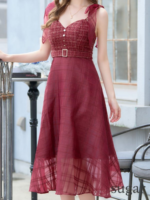 画像19: Lサイズあり【DEA./ディア】ラメツイード/ チェックオーガンジー/ キャミソール/ Aライン/ フレア/ ミモレ丈/ ミディアム丈/ ワンピース/ ミディアムドレス/ キャバドレス【OF08】