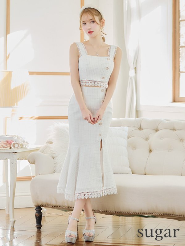 画像7: 再入荷!【DEA./ディア】スプリングツイード/ ノースリーブ/ セットアップ/ レース/ ミモレ丈/ Aライン/ ミディアムドレス/ キャバドレス【OF08】