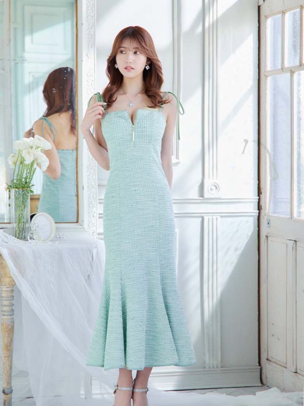 画像5: Lサイズあり【DEA./ディア】肩紐リボン/ ニットツイード/ マーメイド/ ミディアムドレス/ キャバドレス【OF08】