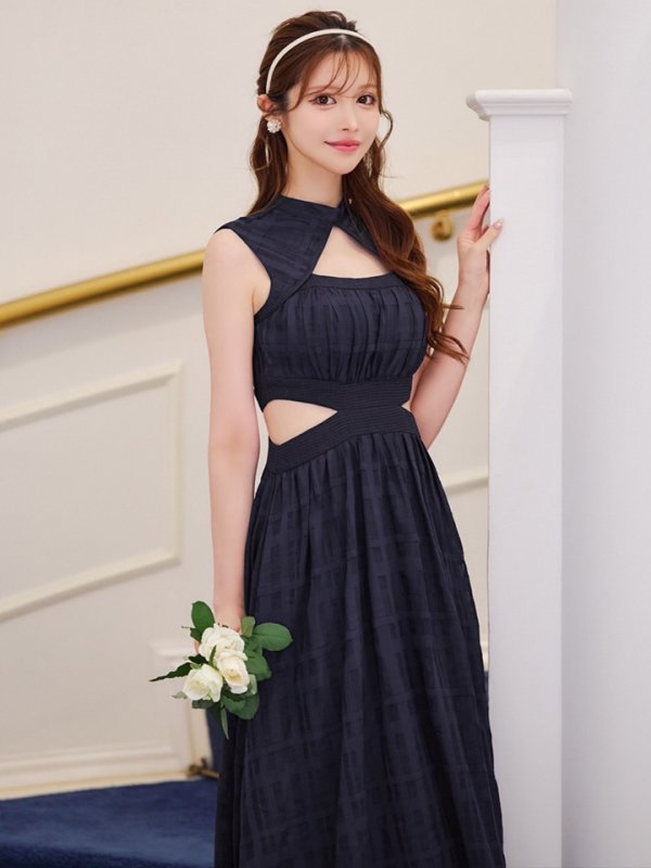 画像2: XS-Lサイズあり【DEA. by ROBE de FLEURS/ディアバイローブドフルール】バストオープンカット/ ウエストスリット/ チェック/ フレア/ ロング/ ミディアムドレス/ キャバドレス[OF2]
