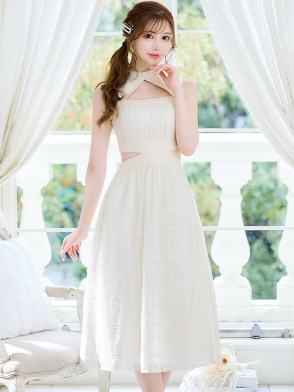 画像2: XS-Lサイズあり【DEA. by ROBE de FLEURS/ディアバイローブドフルール】バストオープンカット/ ウエストスリット/ チェック/ フレア/ ロング/ ミディアムドレス/ キャバドレス[OF2]