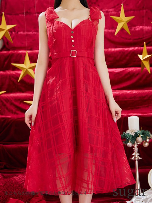 画像37: XS-Lサイズあり【DEA./ディア】肩リボン/ チェック柄/ オーガンジー/ フレア/ ロング/ キャミ/ ミディアムドレス/ キャバドレス[OF08]