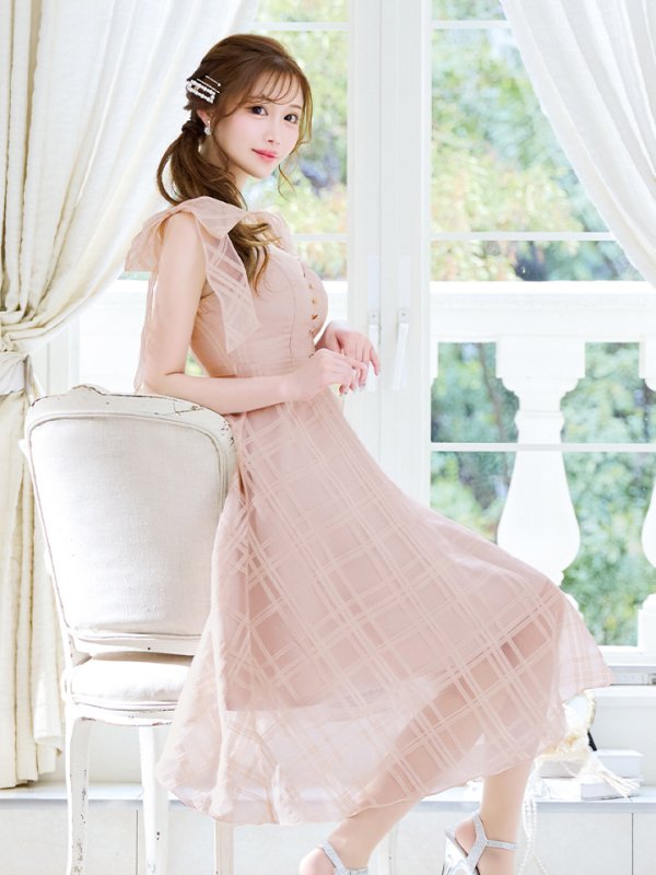 画像6: XS-Lサイズあり【DEA./ディア】肩リボン/ チェック柄/ オーガンジー/ フレア/ ロング/ キャミ/ ミディアムドレス/ キャバドレス[OF08]