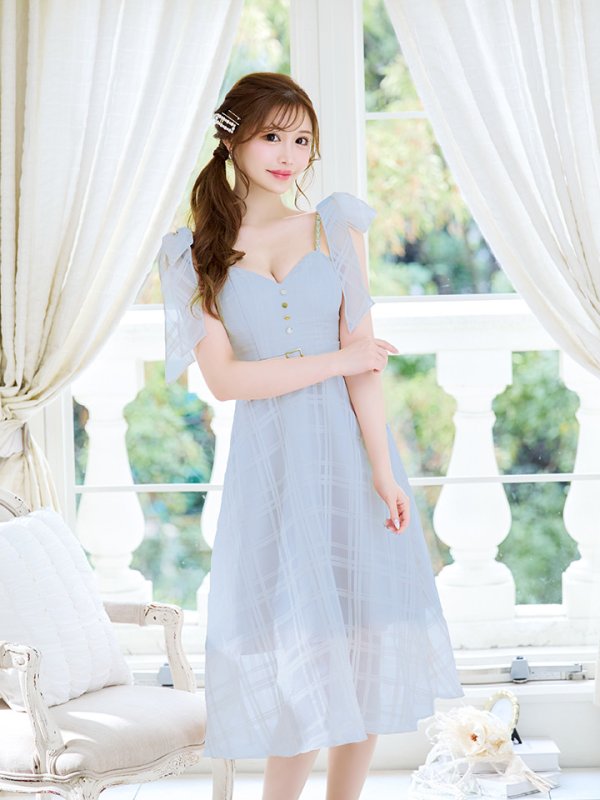 画像2: XS-Lサイズあり【DEA. by ROBE de FLEURS/ディアバイローブドフルール】肩リボン/ チェック柄/ オーガンジー/ フレア/ ロング/ キャミ/ ミディアムドレス/ キャバドレス[OF2]