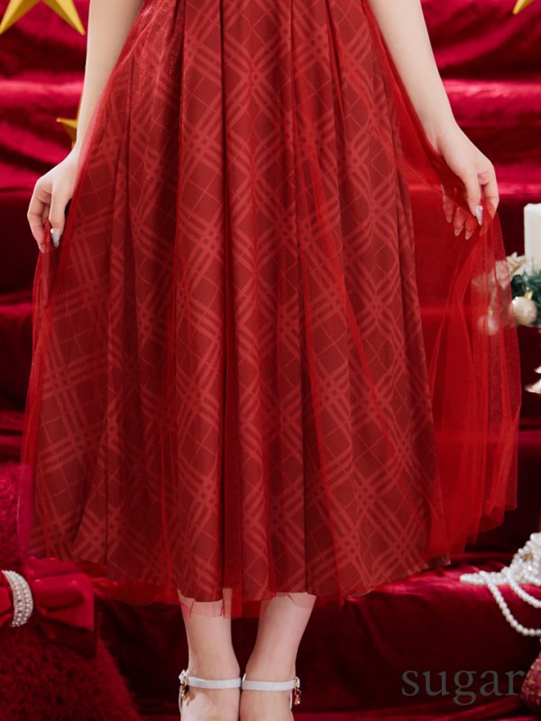 画像11: Lサイズあり【DEA./ディア】チュールチェック/ ベルトデザイン/ キャミ/ フレア/ ミモレ丈/ ミディアムドレス/ キャバドレス[OF08]