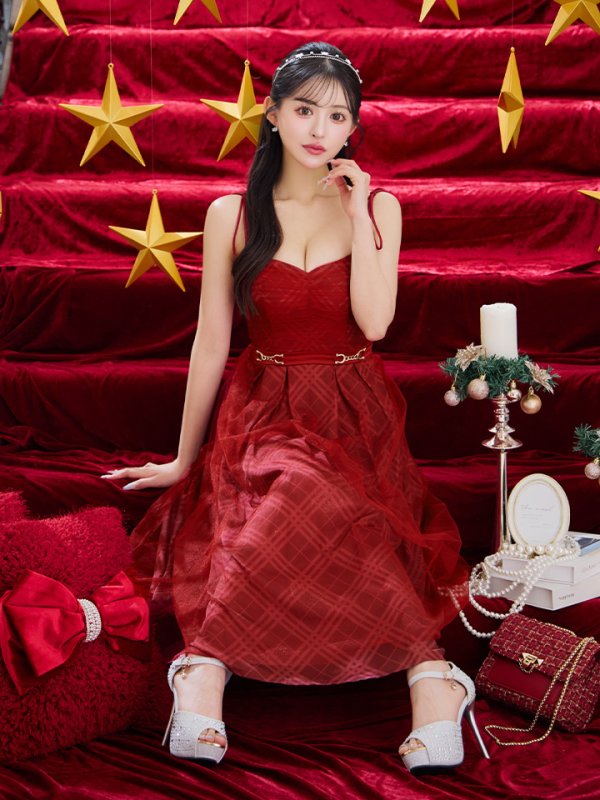 画像4: Lサイズあり【DEA./ディア】チュールチェック/ ベルトデザイン/ キャミ/ フレア/ ミモレ丈/ ミディアムドレス/ キャバドレス[OF08]