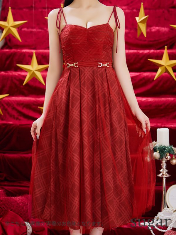 画像8: Lサイズあり【DEA./ディア】チュールチェック/ ベルトデザイン/ キャミ/ フレア/ ミモレ丈/ ミディアムドレス/ キャバドレス[OF08]