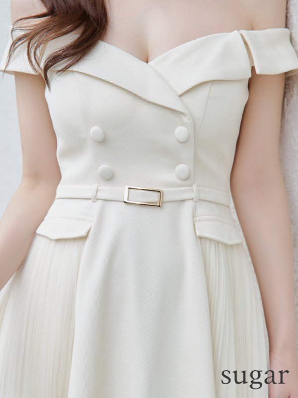 画像18: Lサイズあり【DEA./ディア】ダブルボタン/ サイドチュール/ オフショル/ ノースリーブ/ フレア/ ミディアムドレス/ キャバドレス[OF08]