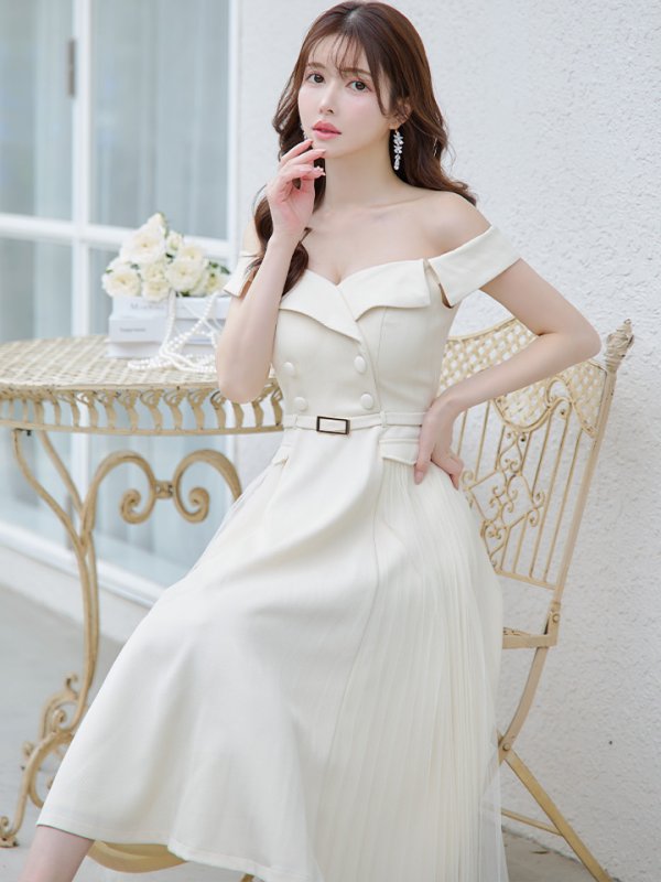 画像11: Lサイズあり【DEA./ディア】ダブルボタン/ サイドチュール/ オフショル/ ノースリーブ/ フレア/ ミディアムドレス/ キャバドレス[OF08]