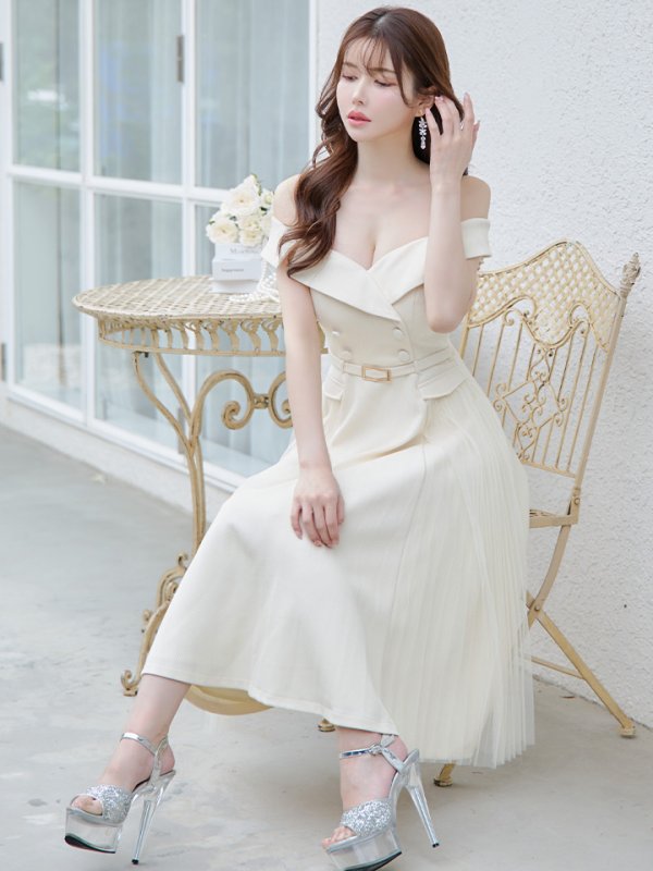 画像12: Lサイズあり【DEA./ディア】ダブルボタン/ サイドチュール/ オフショル/ ノースリーブ/ フレア/ ミディアムドレス/ キャバドレス[OF08]