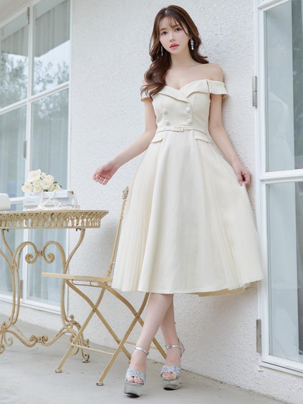 画像14: Lサイズあり【DEA./ディア】ダブルボタン/ サイドチュール/ オフショル/ ノースリーブ/ フレア/ ミディアムドレス/ キャバドレス[OF08]