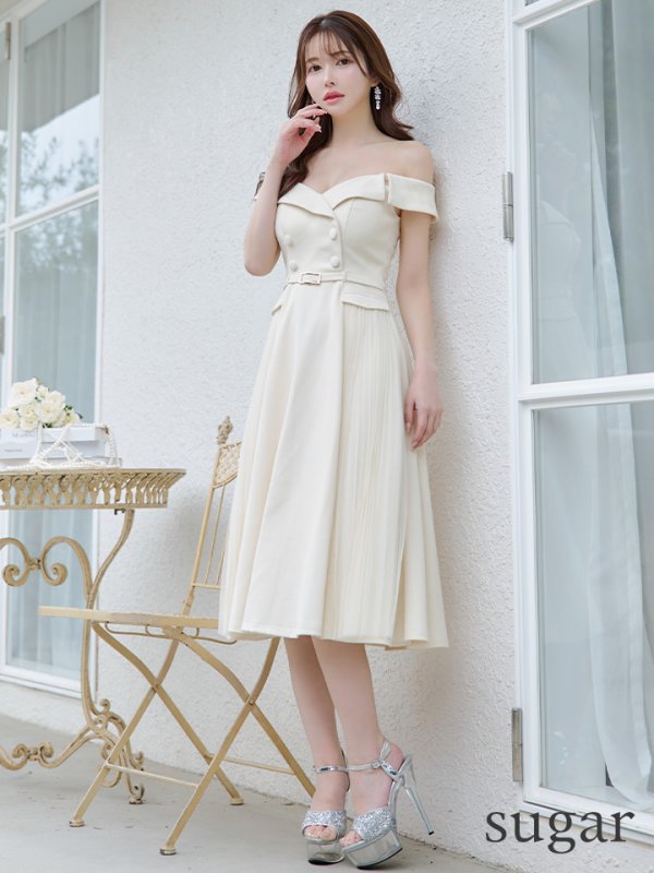 画像15: Lサイズあり【DEA./ディア】ダブルボタン/ サイドチュール/ オフショル/ ノースリーブ/ フレア/ ミディアムドレス/ キャバドレス[OF08]