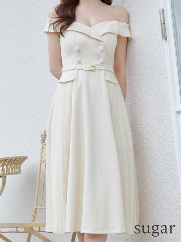 画像16: Lサイズあり【DEA./ディア】ダブルボタン/ サイドチュール/ オフショル/ ノースリーブ/ フレア/ ミディアムドレス/ キャバドレス[OF08]