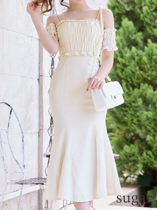 画像9: Lサイズあり【DEA./ディア】トップギャザー/ オフショル/ ラメ/ ワンカラー/ フレア/ ワンピース/ ロングドレス/ キャバドレス long[OF08]