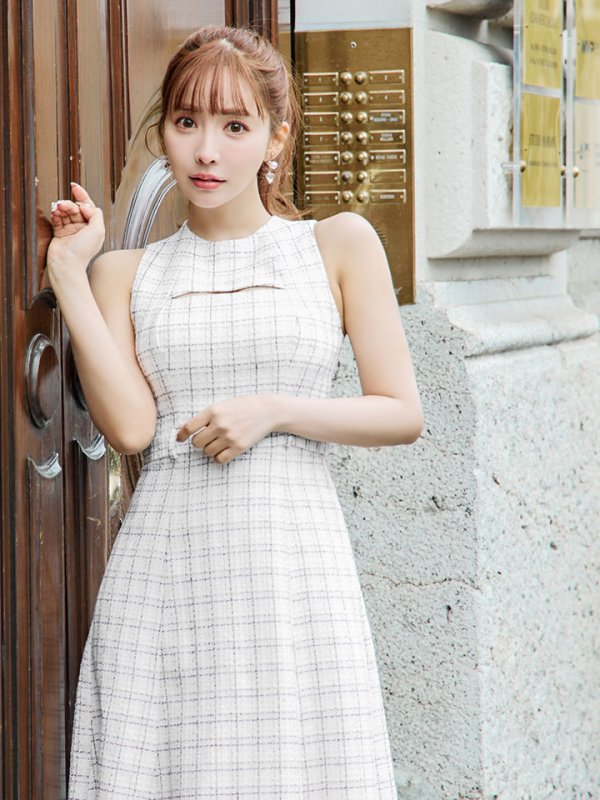 画像5: Lサイズあり【DEA./ディア】ノースリーブ/ バストカット/ ツイード/ フレア/ ミモレ丈/ ミディアムドレス/ キャバドレス[OF08]