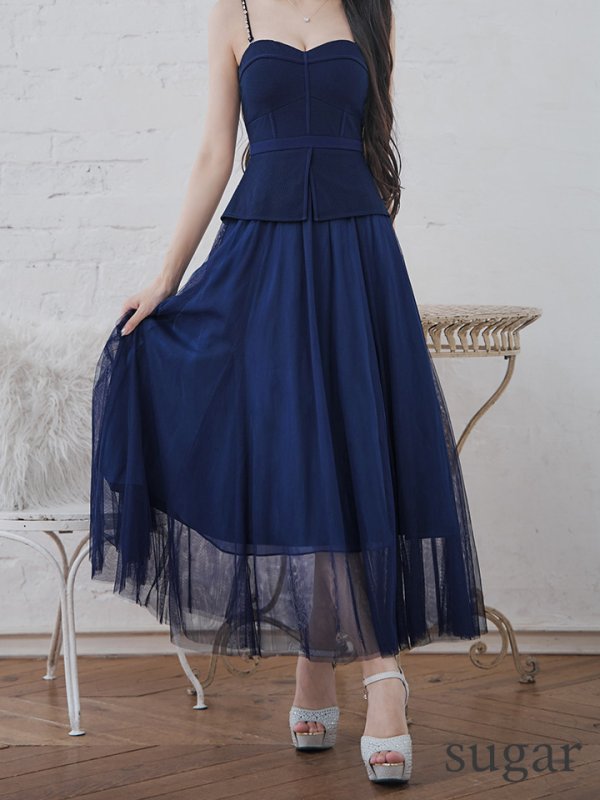 画像8: Lサイズあり【DEA./ディア】ペプラム/ ロングチュール/ キャミ/ フレア/ ミモレ丈/ ミディアムドレス/ キャバドレス[OF08]