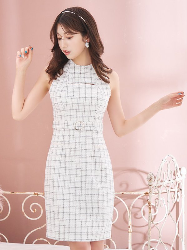 画像3: Lサイズあり【DEA./ディア】バストカット/ シンプル/ ツイード/ ベルト/ タイト/ 膝丈/ ミディアムドレス/ キャバドレス[OF08]